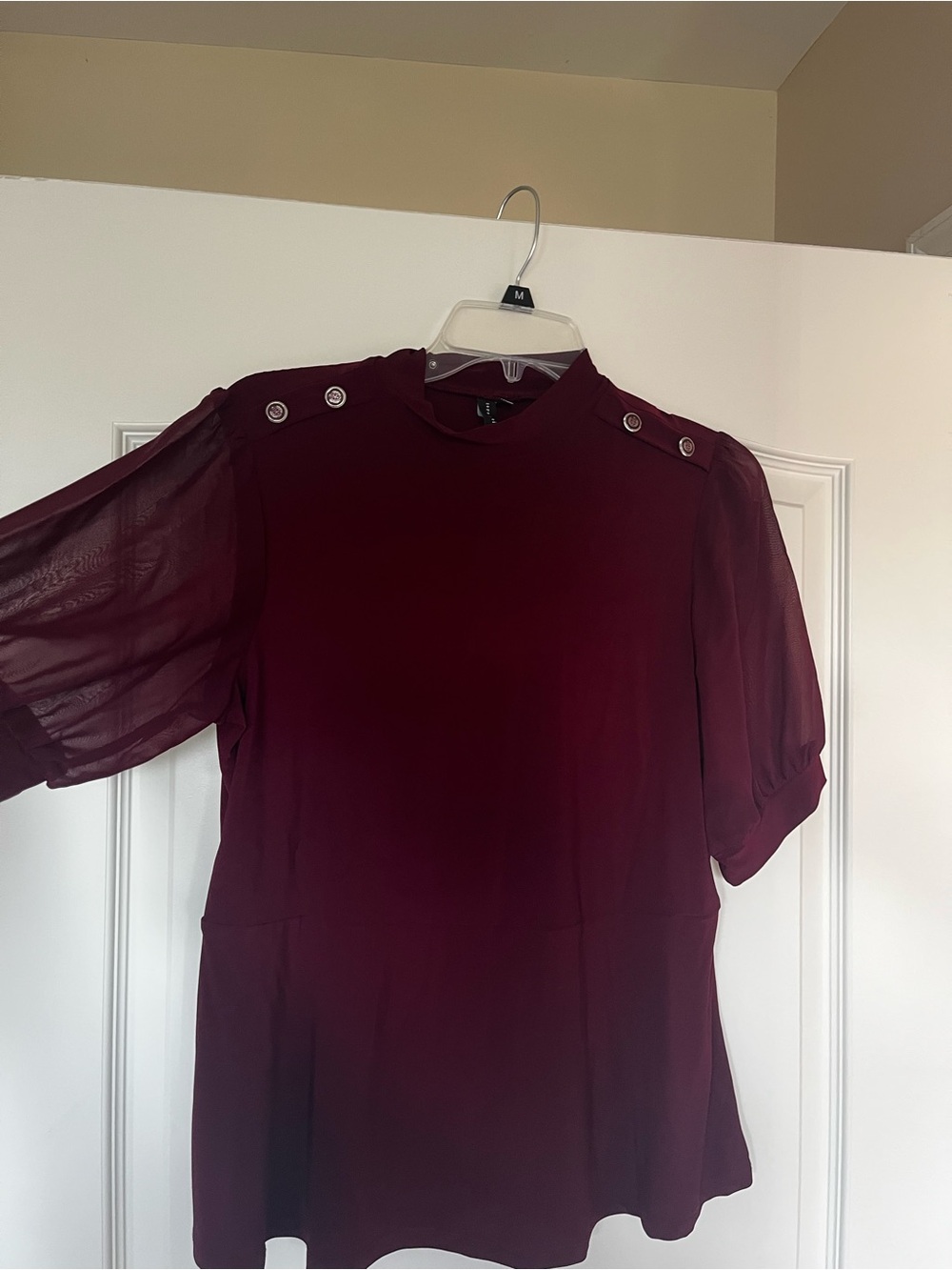 Women’s Red Burgundy Long Sleeve Blouse with Button Shoulder Detail